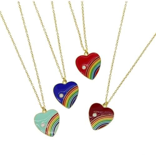 2021 Valentines Day Gift Fashion Jewelry Gold Color Rainbow Heart Pendant Enamel Necklace