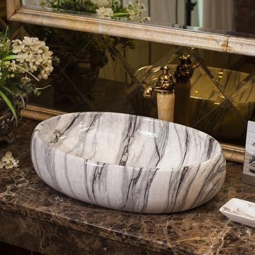 Ceramic Above Counter Basin Oval European Marble Pattern Art Basin Bathroom Sink Black Washbasin Bathroom Shampoo Sinks