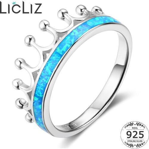LicLiz 925 Sterling Silver Eternity Rings For Women Blue Opal Ring Engagement Queen Paved Crown Rings Wedding Band Brinco LR0365