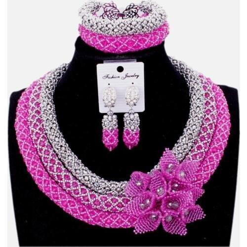 Dudo Bridal Jewelry Set Crystal 3 Layers Fuchsia Necklace Earrings Set Handmade Flowers African Nigerian Beads Jewellery