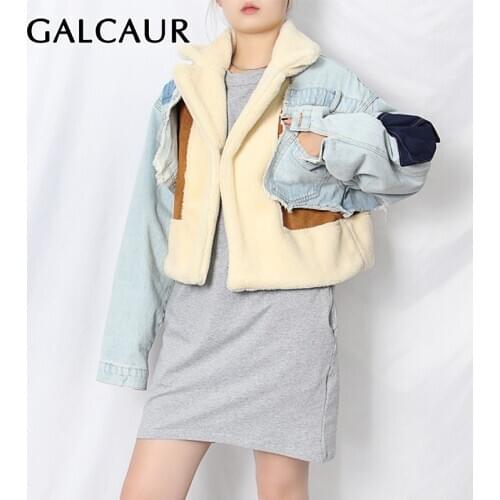 GALCAUR Causal Patchwork Lambswool Jacket For Women Lapel Long Sleeve Tassel Denim Korean Coat Female 2020 Autumn Fashion New
