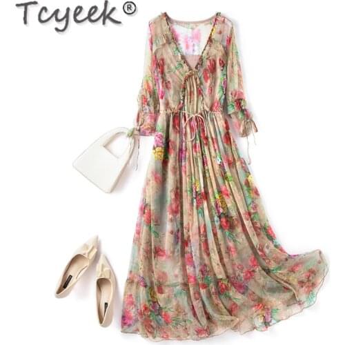 Tcyeek 100% Silk Summer Dress 2021 Midi Floral Beach Dresses for Women Casual Elegant Dress Two-peice Vestidos De Verano Gxy25