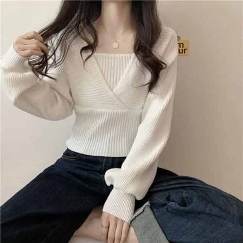 Fashion Chic KoreaTemperament Solid Slim Autumn Short V Neck White Knitted Tops Bottom Fake Two Pieces Pullovers Sweaters Lady