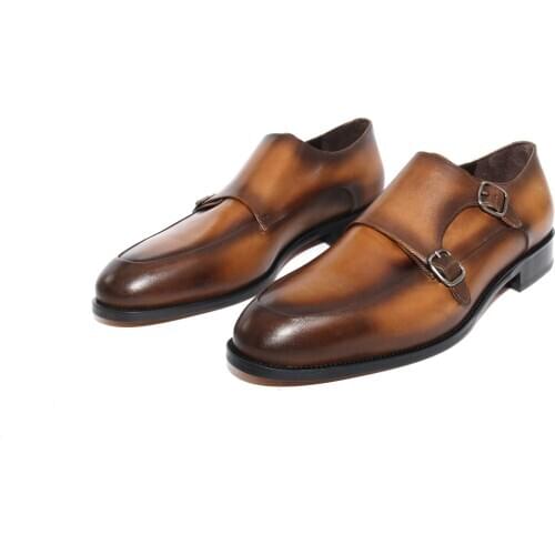 SHENBINS Handmade Double Strap Monks with Tobacco Patina and Premium Leather Soles, Premium Work and Business Shoes