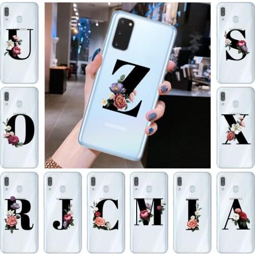 Custom 26 English Initial Phone Case For Samsung Galaxy A71 A52 A02S A01 J4 Core J6 2018 Flower Capital Letters Soft Back Cover