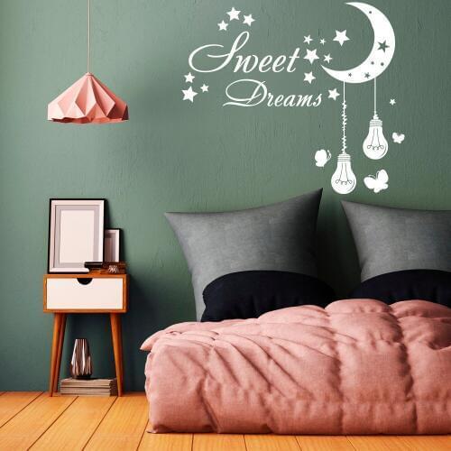 Sweet Dreams Wall Decal Nursery Moon Stars Vinyl Sticker Lights Bulb Home Decor Kids Girls Bedroom Living Room Decoration WW-112