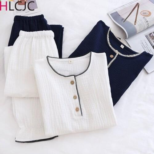 2021 New Spring Summer Pajamas Ladies Cotton Crepe Long-sleeved Trousers Pajamas Set Womens Home Service Girls Soft Sleepwear