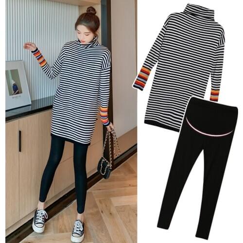 Plus Size Maternity Clothes Spring Autumn Maternity Sweater Pullover Turtleneck Sweater Stripes Tops and Pants Pregnant Suit