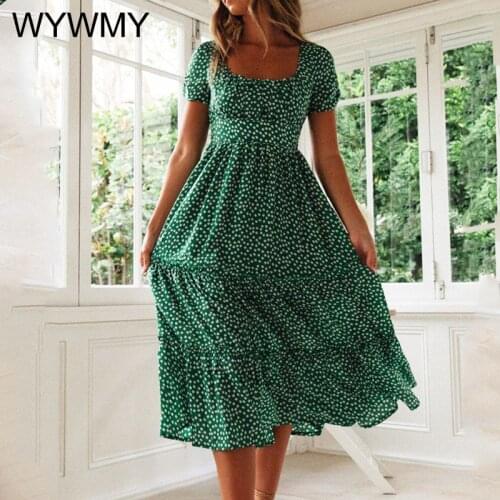 WYWMY Women Vestidos Vintage Print Puff Sleeve Summer Beach Sweet Dresses Casual Square Collar Floral Maxi Long Dress 2021 Festa