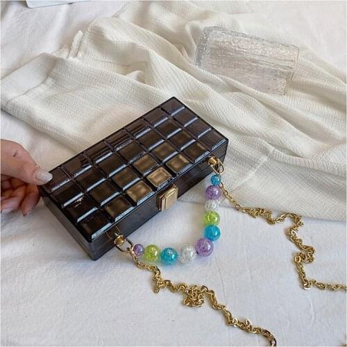 Transparent Acrylic Box Beaded Party Clutch for Women Fashion Female Purses and Handbags Plaid Designer Bag Chain Shoulder Bag