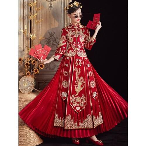 Retro Refined Banquet Stylish Elegant Bride Dress Chinese Wedding Traditional Phoenix Embroidery Cheongsam китайская одежда