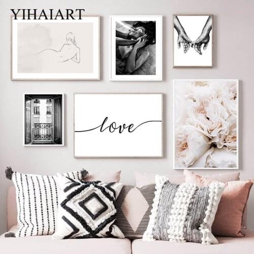 Modern Photography Wall Art Canvas Painting Black White Woman Poster Window Classical Print Flower Picture for Living Room Decor