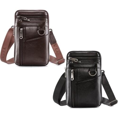 YIANG Brand Leather Mobile Phone Pockets Mens Business Casual Wear Belt Vertical Multi-Function 7Inch Crossbody Small Bag