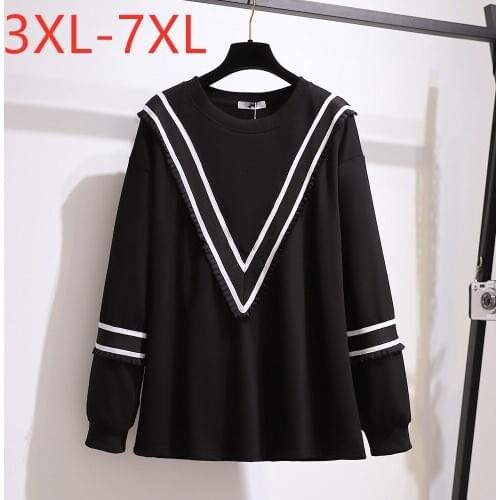 New Ladies Autumn Winter Plus Size Tops For Women Large Long Sleeve Casual Loose Black Stripe Cotton T-shirt 3XL 4XL 5XL 6XL 7XL