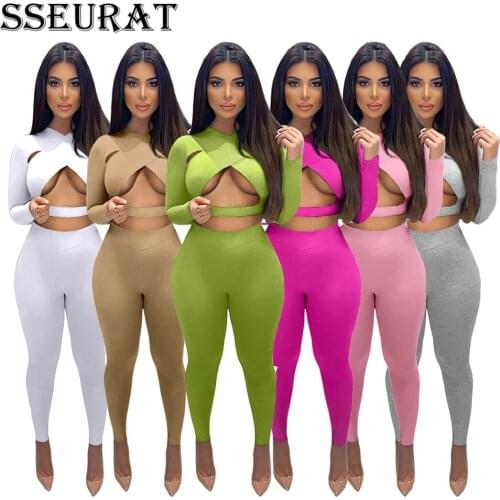 SSEURAT Women Set Solid Full Sleeve Hollow Out Slim Crop Tops Pencil Pants Two 2 Piece Sets Fitness Tracksuit Summer Outfits