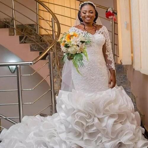 Winter Cascading Ruffles Organza Mermaid Long Sleeves Wedding Dresses 2021 Lace Beaded White/Nude Tulle Scoop Neck Bridal Gowns