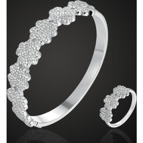Zlxgirl Luxury brand Guangdong rhodium silver copper bangle with ring jewelry sets cubic zircon bangle bridal jewelry sets