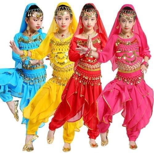 2019 Sari Dance Wear Children Belly Dance Bollywood Costume Set Girls Indian Flowers Outfit 5pcs (Top Belt Skirt Veil Headpiece)
