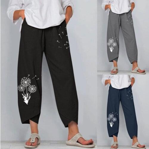 2021 Summer Wide Leg Pants Women Dandelion Printed Trousers Casual Elastic Waist Long Harem Pants Female Streetwear Pantalon