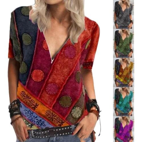 2021 Summer Tee Shirt Women V Neck Short Sleeve Casual Print Vintage Tops Pullover Female Elegant Streetwear T-shirts