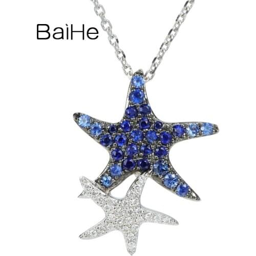 BAIHE Genuine Solid 18K White Gold H/SI Natural Diamonds Sapphire Fine Jewelry Starfish Necklaces Women Trendy Anniversary Gift