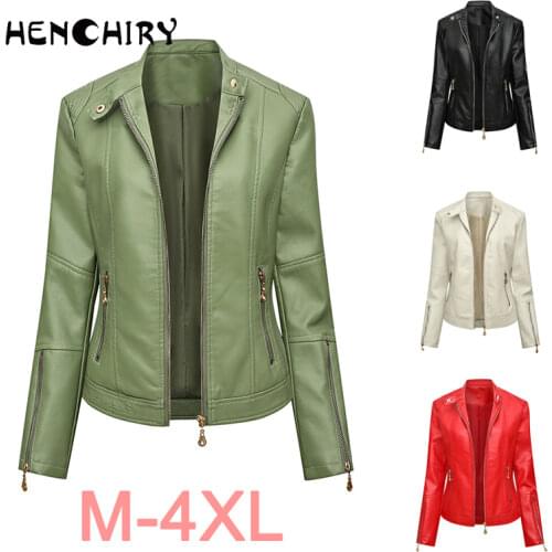 Ladies Leather Jacket Coat Zipper Thin Waist Type Spring and Autumn Black Beige Grass Green Red HENCHIRY