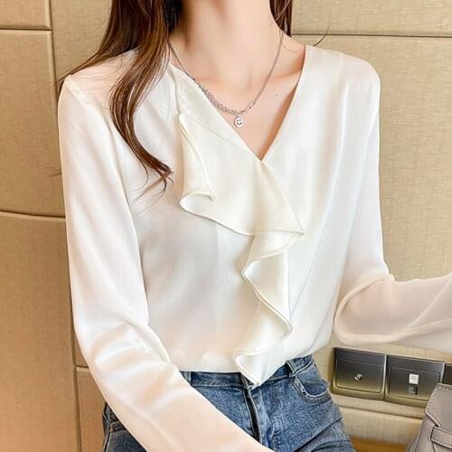 Long Sleeve Black White Blouse Women Tops Blouse Women Blusas Mujer De Moda 2021 Ruffles V-Neck Chiffon Blouse Shirt Blusa E560