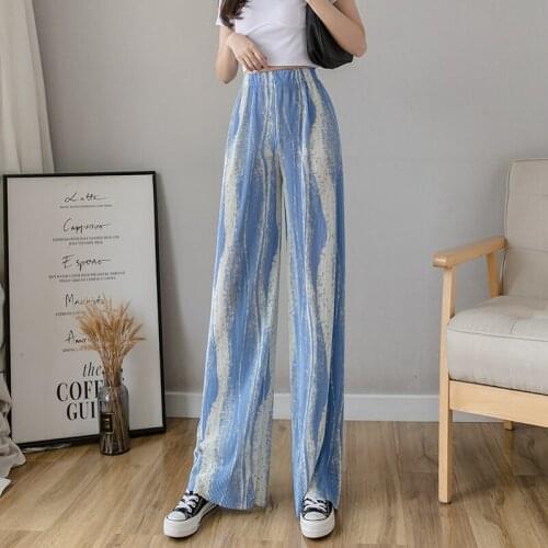 Elastic High Waist Wide Leg Pants Women Casual Korean Fashion Summer 2021 Trousers Pleated Long Pants Streetwear