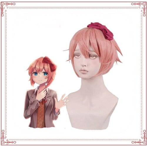 Doki Doki Literature Club Sayori Natsuki Pink Short Cosplay Wig Women Heat Resistant Synthetic Hair Halloween Party
