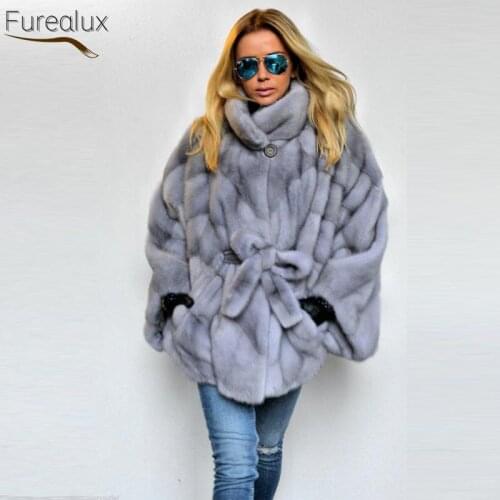 FUREALUX 2021 New Trend Real Mink Fur Coat Winter Thicken Warm Pure Color Womens Fashion Gentle European Handmade Fur Cloak