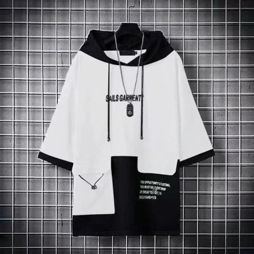 Summer Mens T-Shirts Japan Harajuku Fashion Streetwear Short Sleeve Hooded Tops Tees Casual Men Clothing Printed T Shirts Men