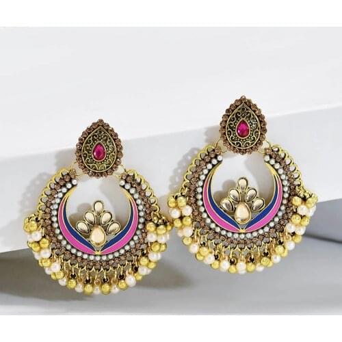 Indian Jhumka Earrings for Women Boho Crystal Pearl Beads Statement Earrings oorbellen Egypt Tribal Festival Party Jewelry Gift
