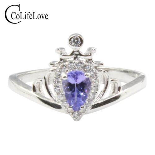 Royal design silver tanzanite ring 4 mm*6 mm pear cut tanzanite crown ring for engagement 925 sterling silver tanzanite jewelry