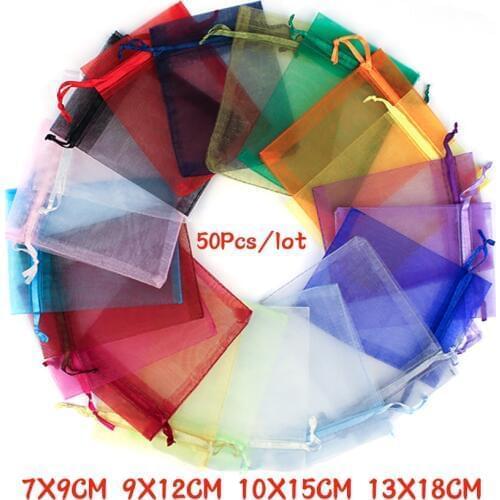 50Pcs 21 Color 7X9 9X12 10X15 13X18cm Organza Bags Gift Bag Drawable Jewelry Packing Pouches Can Custom LOGO