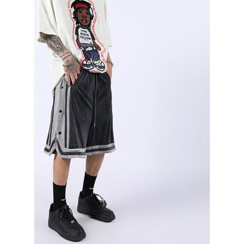Gold Velvet Striped Breasted Shorts Mens Streetwear Hip Hop Velour Patchwork Short Sweatpant Summer Casual Five-point Pants