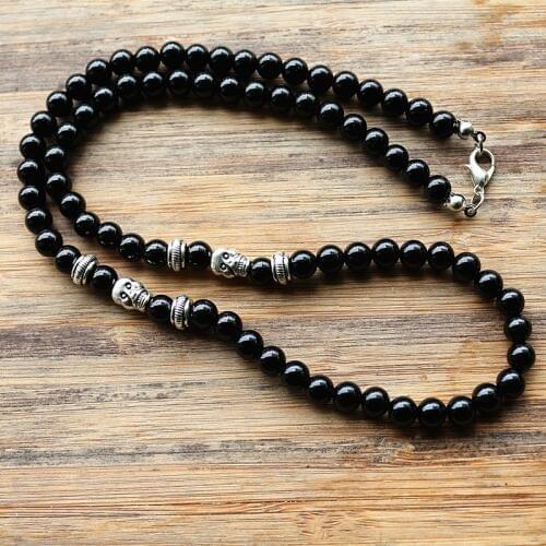 Mens Tribal Style Necklace with 6mm stone beads skull charm necklace