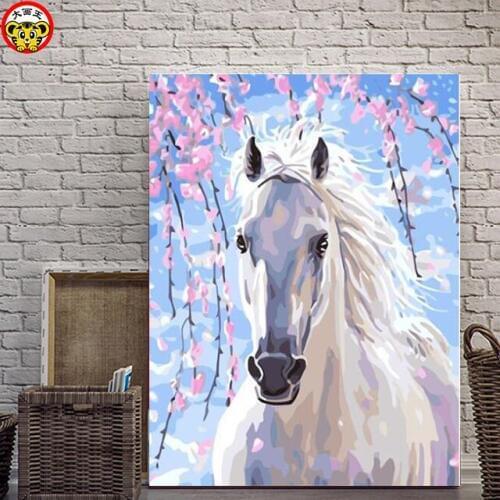 Painting by numbers art paint by number Diy The handsome white horse is matched with him with a colored flower cow