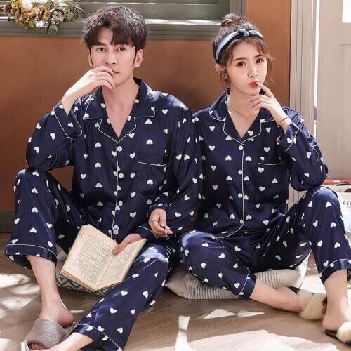 Couple Sleepwear Women Silk Satin Pajamas Sets Long Sleeve Pyjamas Sleepwear Nightwear Lover Night Suit Men Pajamas Homewear