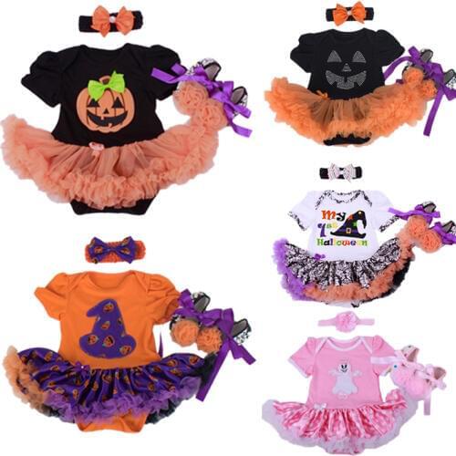 Wholesale Baby Girl Halloween Clothing Sets Pumpkin tutu Romper Dress+Shoes+Headband Bebe Infant 3pcs Outfit Costumes/Vestidos