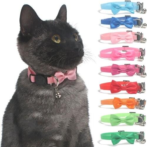 Pet Cat Collar Colorful With Bell Adjustable Buckle Necklace Solid Color Bowknot Collars Pet Supplies Cat Accessories