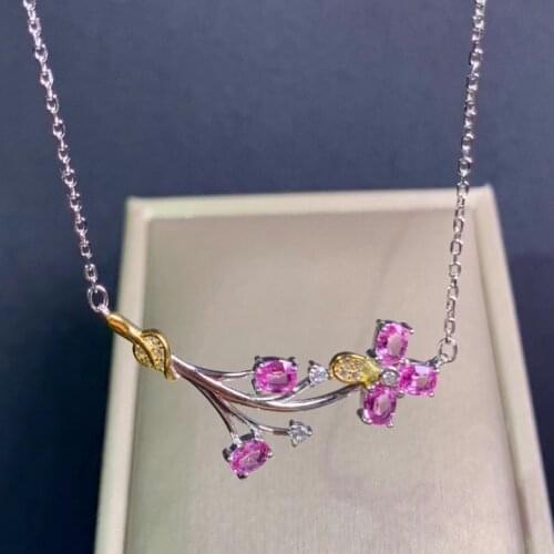 Natural pink sapphire Pearl Necklace natural gemstone Pendant Necklace S925 silver trendy flower Clover woman wedding jewelry