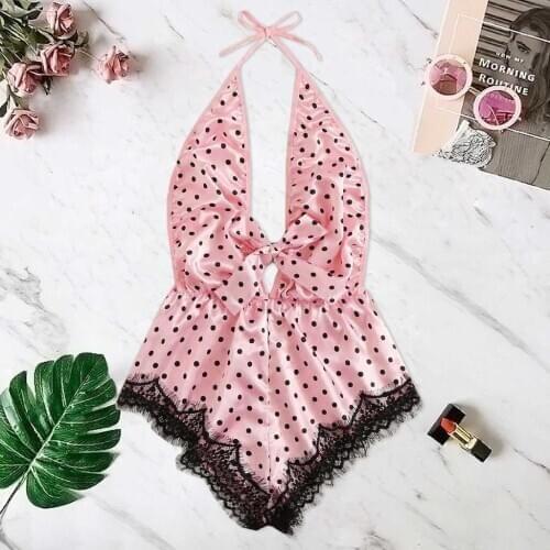 Dot Printed Stain Sexy Nightwear Sexy Sweet Cute Pink Halter Homewear Pajamas Backless Hot Erotic Lingerie