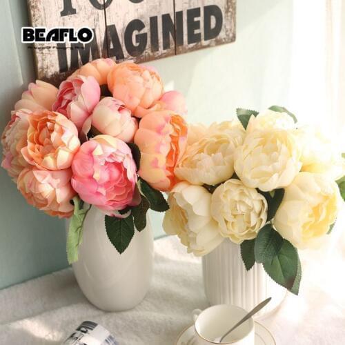 Silk Flower Wedding Bridal Bouquet Peony Artificial Flowers Fall Vivid Fake Leaf Wedding Floral Decoration B1005