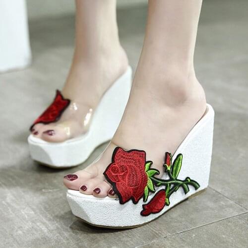 Fashion Women Slippers Summer Shoes Female Sandals Sweet Slides Wedges Platform Embroidery High Heels Sexy Woman Heels Shoes