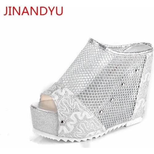 Summer Platform Wedges Sliders Shoes Women High Heels Mesh Slippers Gold Black Heels Ladies Platform Shoes Fashion Sandals Trend