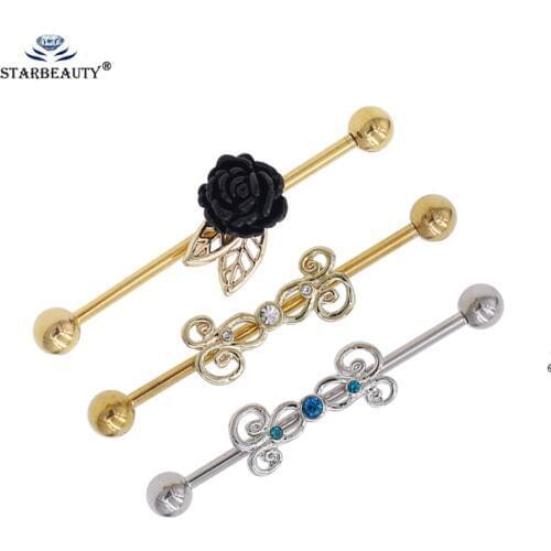 Starbeauty 1Pc Stainless Steel Black Rose Flower Ear Scaffold Long Bar Straight Barbells Gems Industrial Piercing