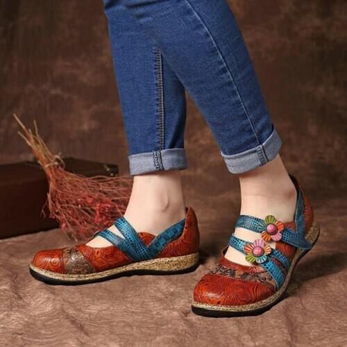 Vintage Floral Spring Autumn Women Shoes 2020 Leather Splicing Colored Shoes Woman Flats Casual Female Flat Shoes