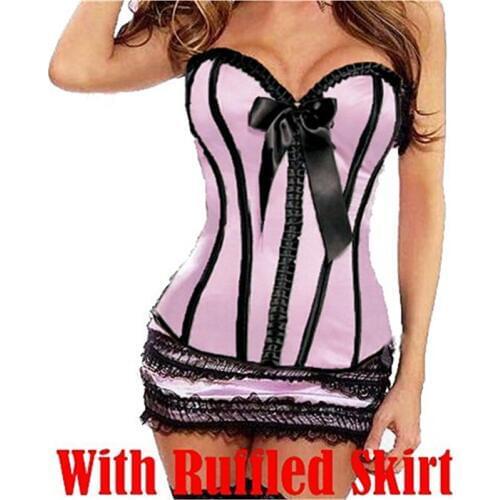 High Quality Sexy Bustiers Black Satin Body Shaped Corset Overbust Corsets With Mini Skirt M1766