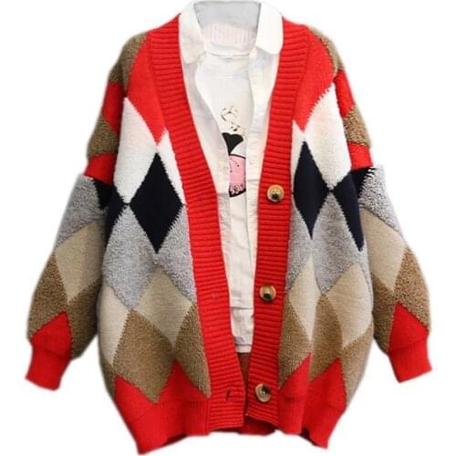 V-neck women sweater Women Knitted plaid Sweater cardigans Oversized Argyle Knitted winter clothes women