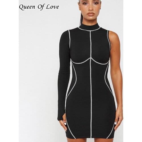 Sexy One Shoulder Long Sleeve Mini Dress 2021 Autumn Fashion Streetwear Women Turtleneck Striped Club Party Dresses Outfit Y2K